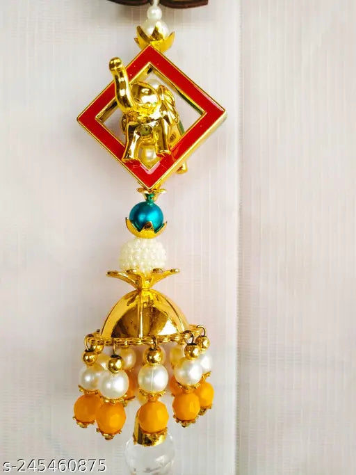 Red Color Lotus Crystal Diamond Wirh Elephant Golden Caps,Door Hanging Latkan Toran for Main Door Multi Colour Beads Size (Size:10.5-Inch) Length (1 Pair) (2Pes)