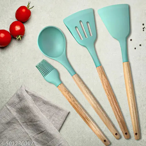 NARUIA Silicone Spatula Set for Non Stick Pan, Ladle, Turner, Spatula, Brush Kitchen Cookware Set with Wooden Handles, Baking and Mixing, Durable (4Pc, Green)