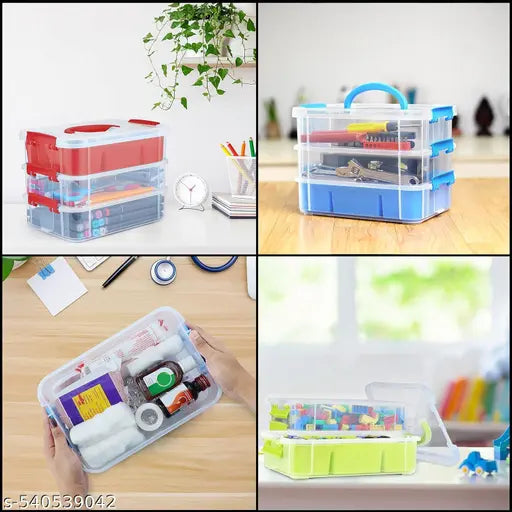 Multipurpose 3 Layer Stack & Carry Box, Plastic Portable Storage Container Box Handled Organizer Storage Box and Beauty Supplies
