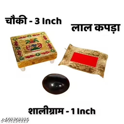 Black Shaligram Stone with Red Cloth and Pooja Chowki | Shaligram Stand