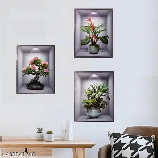 3D Vase Wall Stickers Plants Wall Stickers Kitchen Wall Decoration Suitable for Decorating Bedrooms, Living Rooms, Doors and Windows, Hotels and Damaged Walls (30 x 42.5cm) (Pack of - 3pcs) (Flower Pot)