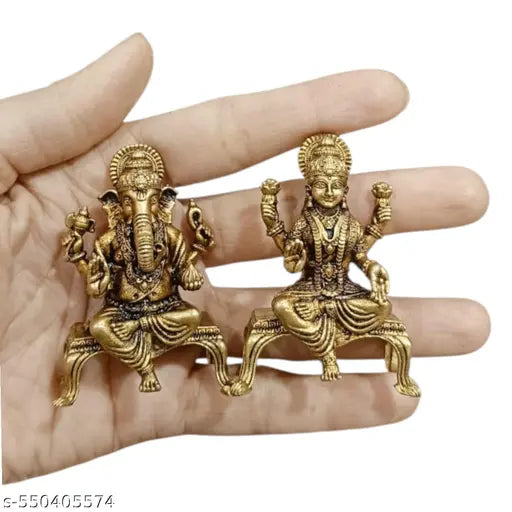 SJL Wax Casting Brass Lakshmi Gaanesh Idol for Tample,Home,Office & Car Dashboard Decorative Showpiece - 5 cm (Brass, Gold)