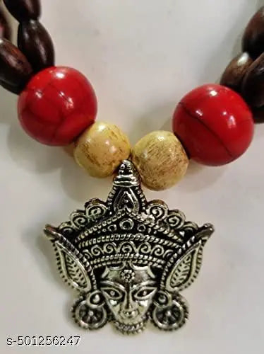 Oxidized and Wooden bead jewelry set | Ma Durga Pendant | Adjustable necklace