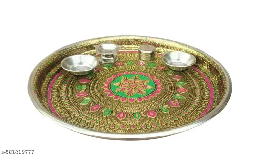 Meenakari Stainless Steel Pooja Thali Set with Diya Holder & Incense Stick Stand | Traditional Wedding & Marriage Gift | Festival Puja Thali for Home Temple