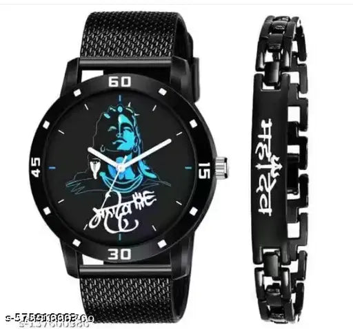 Mahadev Dial Analog Black Rubbers Strap With Mahadev Bracelet combo set For Boy And men Mahadev Watch And Bracelet Combo Set   - For Boys