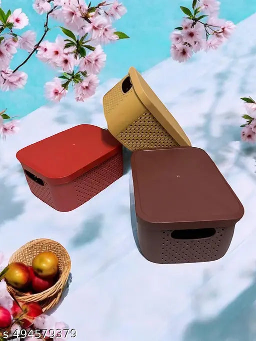 Royal Basket With lids-Large (Pack of 3 with 3 lids) Multipurpose Plastic Storage Rectangular Shape Baskets For Wardrobe/Home/Kitchen