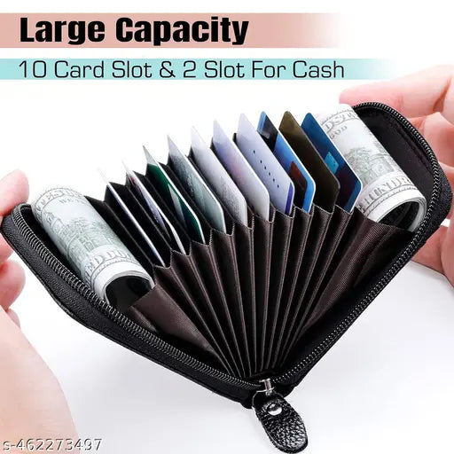 PU Leather 10 Slot Vertical Credit Debit Zipper Card Holder Money Wallet Coin Purse for Men & Women