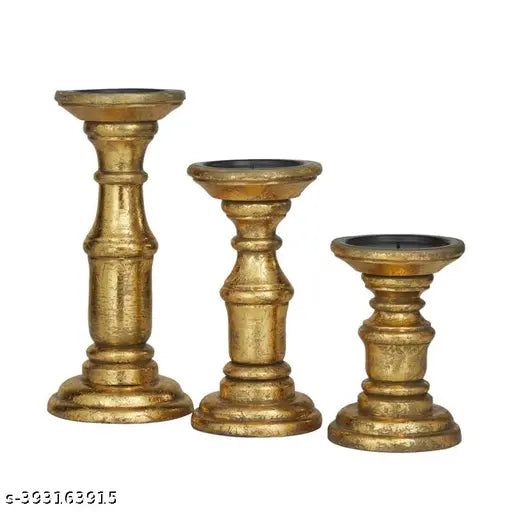 A Piece of Wood Golden Rustic Candle Holders Mango Wood Candle Holders Candles Pillar for Home in Living Room,Bedroom,Dining Table Centerpiece Set of 3 Candlestick Holder