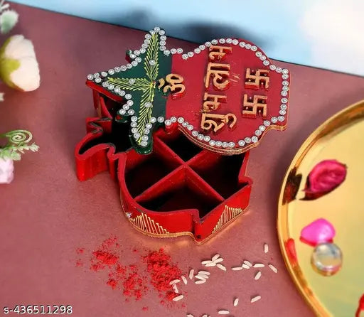 Set of Two Handmade Tika  Chopra kumkum box sindoor dani for mandir pooja. Kalash and Peacock design. Sindhoor Chawal-Akshat-Haldi Wooden Chopda for Gift and Pooja Decorative Purpose Item (Red) pooja samagri