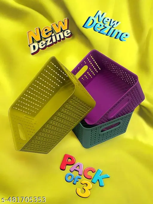 KITCHUB BPA Free Attractive Design Multipurpose Trendy Storage Basket With Lid|Material-Plastic|Color-PINK,YELLOW,GREEN|Pack of 3