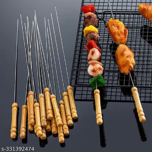 High Quality Pack of 5 (Size 12 Inch) BBQ wooden Stick , Barbecue Skewers, Barbecue Sticks for BBQ Tandoor, Grill | Stainless Steel Stick with Wooden Handle, Pack of 5