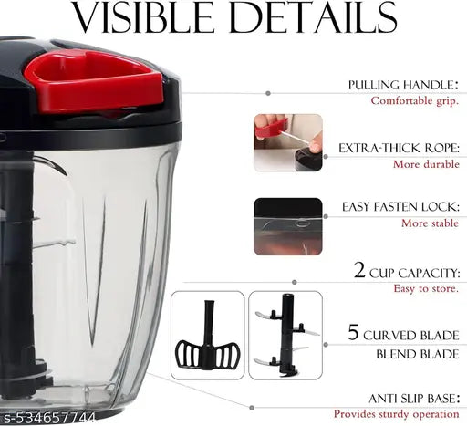 Plastic 950ml Kitchen Chopper with 5 Blades and 1 Plastic Whisker, Multipurpose Manual Chopper, Vegetable & Fruit Cutter Chopper -(GREY) PREMIUM QUALITY PRODUCT