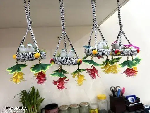 Pack of 04 Artificial Hanging Birds with Hanging Nest Showpiece With Birds for Home/Office/Kitchen Decorative Hanging Nest With Birds  Artificial Flower Marigold Flowers/Genda Phool Garlands Door Taran Set for Diwali l Door Hangings for Decoration