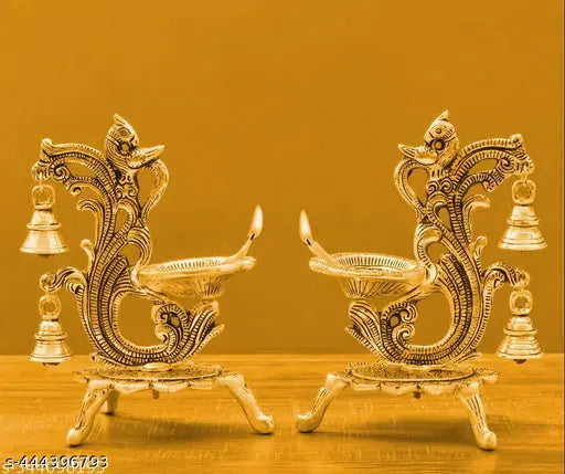 Peacock Design Diya Set with Bell in Black Antique Finished for Diwali Pooja/Puja Deepak, Home Temple Akhand Puja Articles Décor Gifts , decorative diya Gold