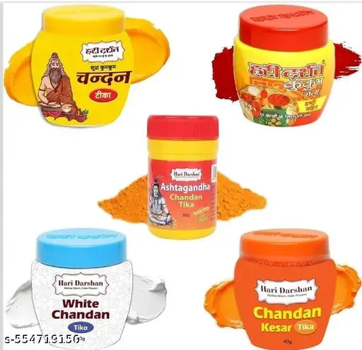 Hari Darshan Chandan Tika Combo | Pure Sandalwood | Chandan Kesar | Ashtagandha | Kumkum Roli | White Tilak | Natural Chandan Powder for Pooja & Havan | Spiritual & Traditional Use | Pack of 5