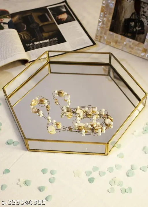 UDI Hexagon Glass Tray with MetalRim Mirror Base Vanity Tray for Home Decor Jewellery Organiser, , Gold(10x10x1.5 inches)