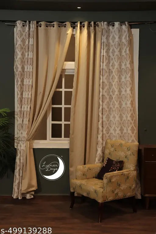 Lunar Days combo Blackout Beige 2 Pc and damask Beige 2 Pc Door Curtain 7 Feet Set of 4 Eyelet Printed Polyester Curtain for Living Room Beige