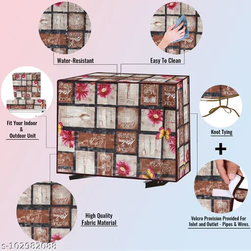 E-Retailer® Waterproof and Dustproof PVC Split Ac Cover Suitable for 1.5 Ton & 2 Ton (Color-Floral Brown, Size- Indoor-45x12.5x8, Outdoor-35x15.5x27 Inches)