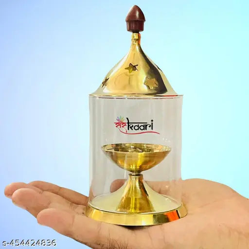 SANSKAARI Diya with Borosilicate Glass Diya Decorative Brass & Glass Oil Lamp Tea Light Holder Lantern, Cylinderical Borosilicate Glass Glass Gold Akhand Diya Big Oil Puja Lamp Akhand Diya Decorative Brass & Glass Oil Lamp Lantern, Glass diya  (Gold and W