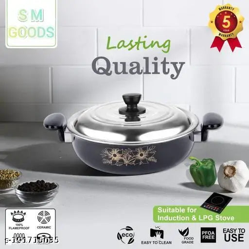 Graceful Non Stick Kadhai With Lid Induction & Gas Compatible 24 Cm Diameter 3.5 L Capacity (Black)