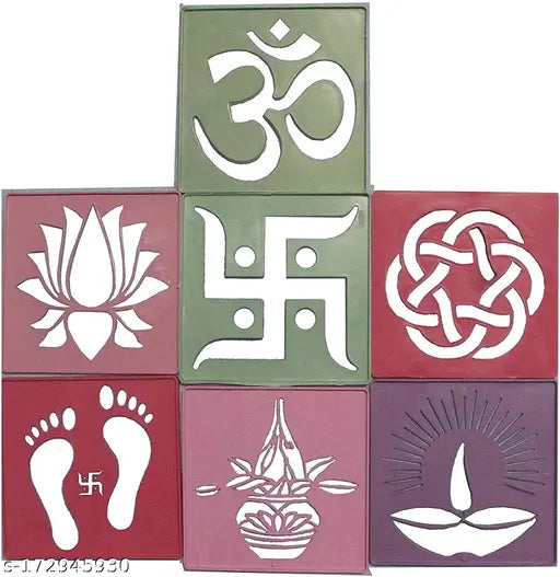 Set of  12 Draw Rangoli Making Kit Rangoli Stamp Om Swastik Flower Design Colourful Rangoli Making Stencils (4 x 4 Inches)