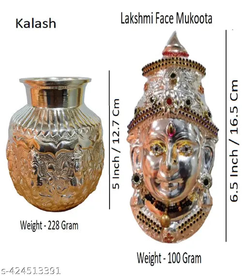 German Silver Kalash and Lakshmi Face Mukoota For Vara Mahalakshmi Festival K4420