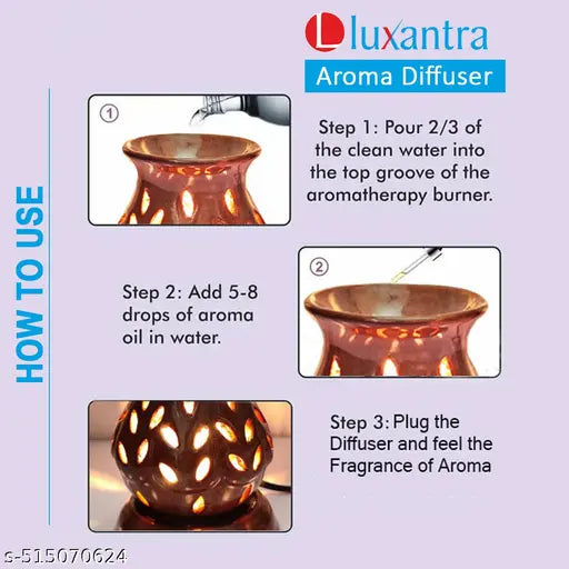 Luxantra Handcrafted Scented Ceramic Aroma Diffusers Electric Oil Burner | Night Lamp Light | Air Freshener | Aroma Oil Diffuser for Home office spa with Aroma Oils (Jasmine and Mogra Fragrance of 10ml each) 9x9x11cm