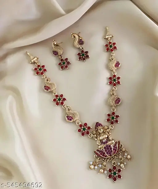 Premium Matte Temple Necklace Set with Lakshmi Pendant & Ruby Green Stones