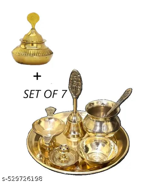 thali plane Set 6 Inch Puja Thali with Pital Plate Kalash Spoon Chandan Wati Dhup Dan Diya Ghanti Arti Thali for Diwali Home Office Mandir Wedding Return Gift Items + 1 सिंदूर दान