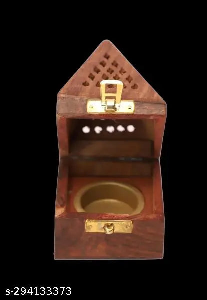 Macklet Dhoop and Loban Burner BoxBakhoor Burner Wooden Incense Sticks Holder Wooden Pyramid Incense Box Ash Catcher Home Fragrance Stand Holder Agarbatti & Dhoop Dan(Box) Brown