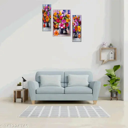 MAC Set of 3 Natural Flower Modern art self adeshive Home decorative gift item wall painting for living room , office , hotel MDF framed painting 12 inch X 18
