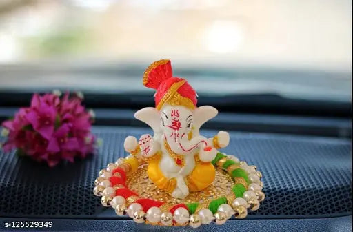 LORD GANESHA IDOL ON DECORATIVE HANDCRAFTED PLATE FOR HOME AND CAR Showpiece Resin Ganesha Idol 8 x 8 cms Plate decorated with  Idols & Figurines