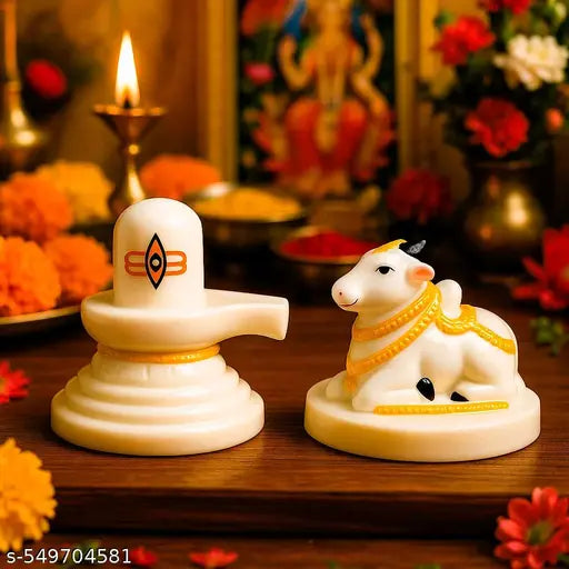 Marble Finish Shivling and Nandi Idol Spiritual Showpiece for Home Temple Pooja Room Dashboard Decor Office Table Shelf Mandir Vastu Decorative Item for Meditation Gifting Purpose Hindu God Mahadev Idol for Peace Prosperity and Positive Energy