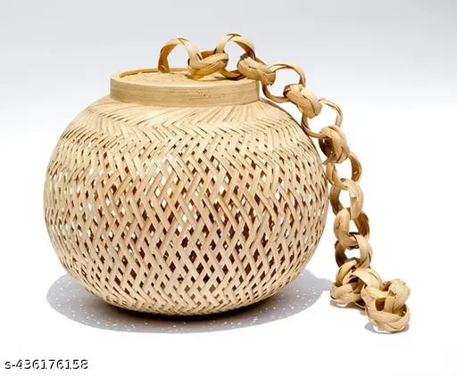 MKS Bamboo Round Ceiling Lamp Craftscape प्राचीन हस्तनिर्मित बांस हैंगिंग लैंप शेड लिविंग रूम/घर/होटल/कैफे/रेस्तरां सजावट के लिए परफेक्ट हैंगिंग