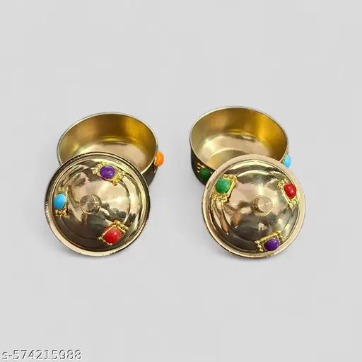 Decorative multipurpose pure Brass pital Kumkum chandan haldi Sindoor Boxes, Traditional Roli Chawal Puja item Container, dibbi,dabbi with cap,Set of 2, Gold