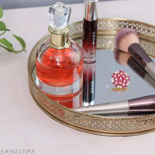 10 inches Dia Gold Plated Round Decorative Glass Mirror Tray for Weeding and Pooja | Diwali Decoration (10 X 10 X 2 Inches)