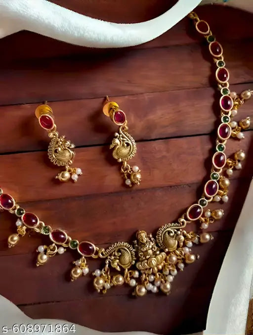 Traditional Temple Jewellery Gold Plated Necklace Set with Ruby Stones & Pearls
