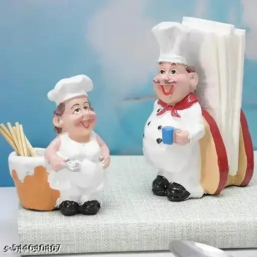 Royal Indian Craft Set of 2 Delightful Chefs Toothpick Holder and Tissue Paper Holder Stand for Kitchen, Home Decor, Office, Restaurant, Tissue Organizer for Dinner Tables (Tissue paper holder combo)
