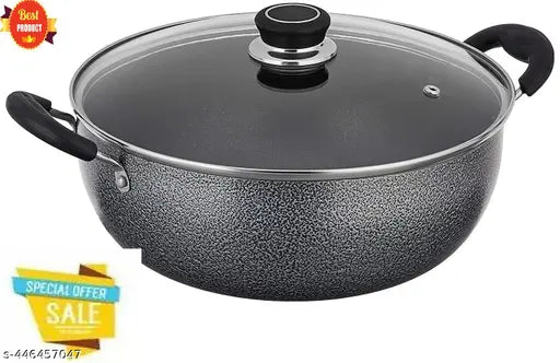 Glass lid kadhai, glass lid kadai, nonstick kadai, pot and pan set, nonstick cookware set kadhaiKadhai Non-Stick with Glass Lid Pot ,Handi Sat,Fry pan(new)handi fray pizz pan kadhai
