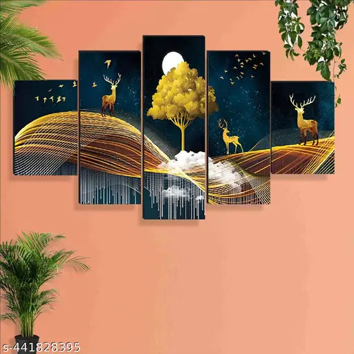 Set of 5 Modern Art wall painting with frame for home decoration , living room, office, hotel,(76x45 cm)Multicolour, theme wildlife