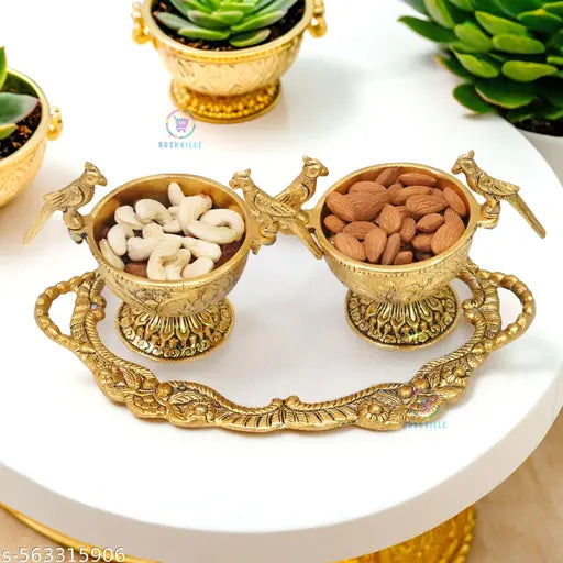 Handcrafted Brass Peacock Bowl & Tray Set | Luxury Dry Fruit Server for Home & Gifting Ideal for Diwali, Weddings & Home Showpiece