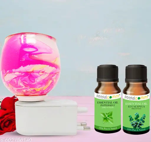 Peepalcomm Premium Scented Ceramic Pink Marble Kapoordani Essential Diffusers Electric Oil Burner | Night Lamp Light | Air Freshener | with Eucalyptus,Peppermint  Essential Oil (15ml Each )Essential Oil Kapoodani for Home office spa
