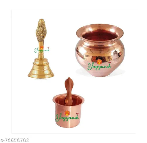 Himshikhar Pooja Samagri || Combo of Puja Kalash & copper panchpatra and Garuda Ghanti for All Pooja Purpose/Best Item for Temple/Home/Office/Gifts