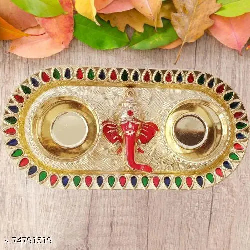 Decorative Haldi Kumkum Box/ Pooja Thali Set [13 x 8 cm] [set of 6]