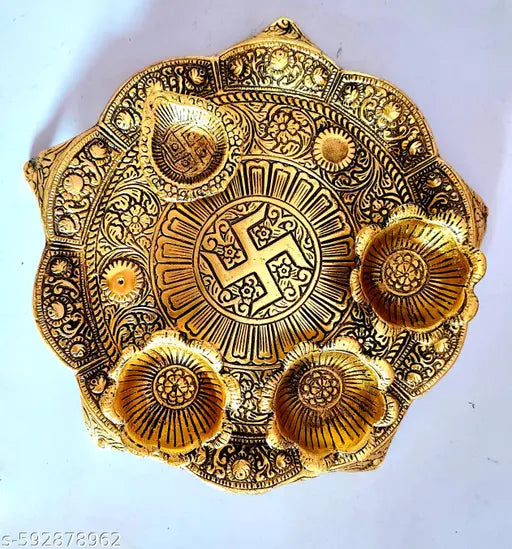 "Premium Golden Pooja Thali Set with 4 Diyas | Aluminium Shiny Finish Decorative Aarti Plate for Festival & Temple Use"