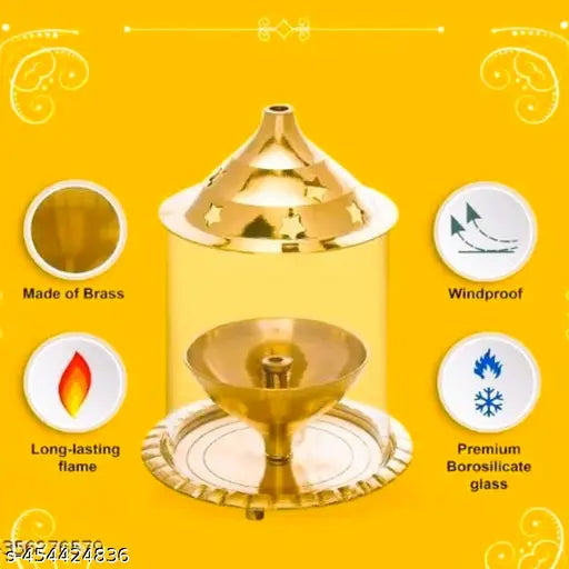 SANSKAARI Diya with Borosilicate Glass Diya Decorative Brass & Glass Oil Lamp Tea Light Holder Lantern, Cylinderical Borosilicate Glass Glass Gold Akhand Diya Big Oil Puja Lamp Akhand Diya Decorative Brass & Glass Oil Lamp Lantern, Glass diya  (Gold and W
