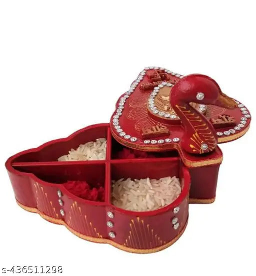 Set of Two Handmade Tika  Chopra kumkum box sindoor dani for mandir pooja. Kalash and Peacock design. Sindhoor Chawal-Akshat-Haldi Wooden Chopda for Gift and Pooja Decorative Purpose Item (Red) pooja samagri