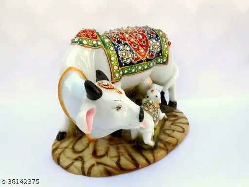 SAUDEEP Trading Good Luck Gift Items Art Handicraftgiftgallery Decorative Marble dust/Polyresin Cow and Calf Showpiece Idols and Figurines, 5x3x3Inch (Export Quality)