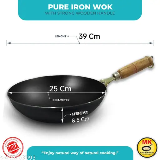Iron wok wooden Handle/Tadka pan 9 Inch/23 CM Pure Iron, Without Coating Toxic Free