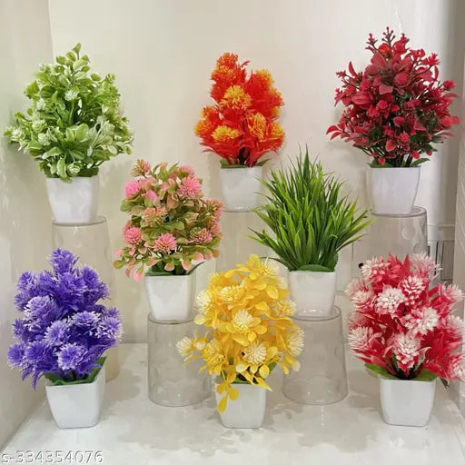 SKINSHINE Delightful Poted Artificial Multicolor Decor | Fake Plants | Artificial Plants ( Pack of 8)